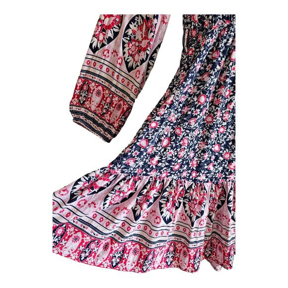 SHEILAY Women's XL Dress Floral Peasant Navy Red Pink 1/2 Buttons Flare Ruffle - Picture 5 of 7